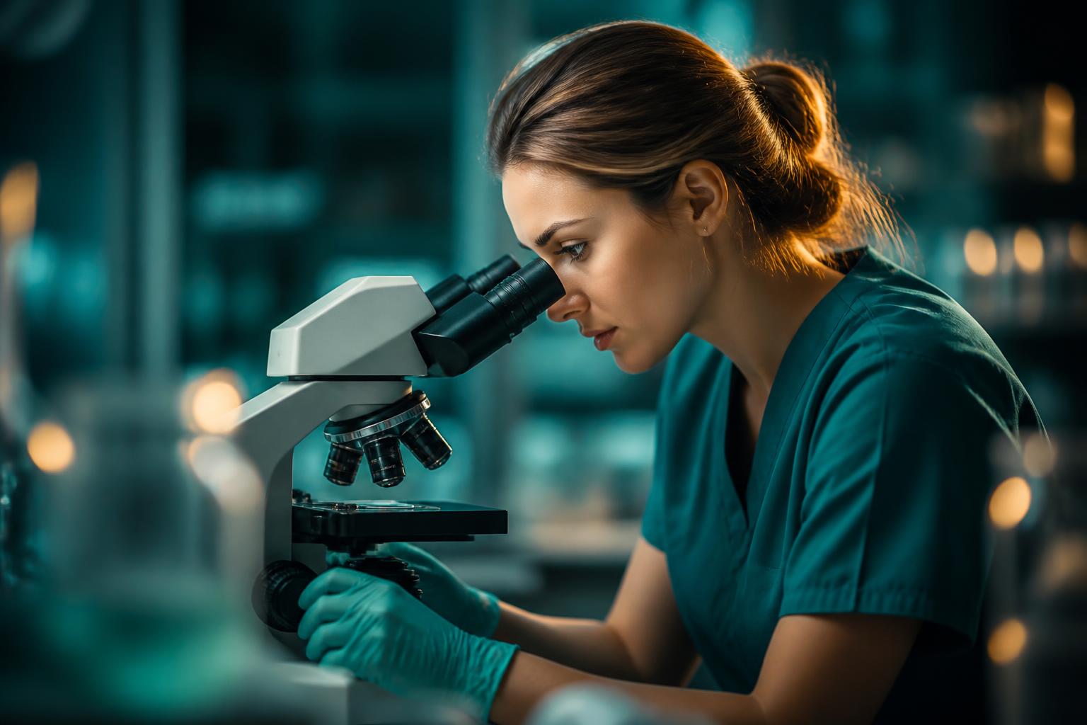 Enfermeira analisando lâmina ao microscópio em laboratório